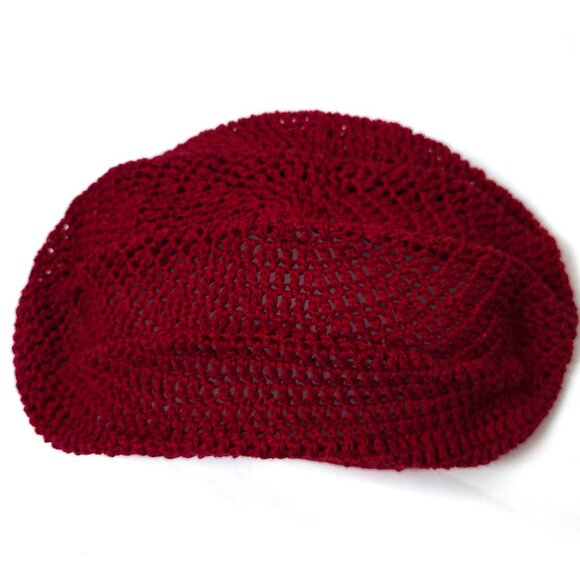 Vintage 1960s Hand-Crocheted Hat Retro Deep Red Openwork Design Lightweight - Picture 9 of 13